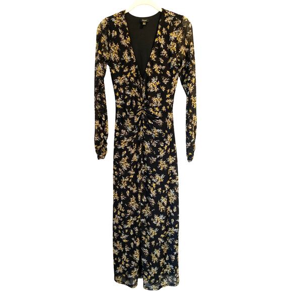 AFRM Tezza Black & Yellow Floral Ruched Mesh Midi Long Sleeves Dress Womens XS - Picture 2 of 11